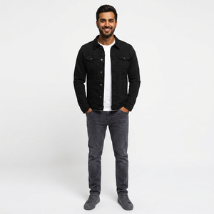 Veste en jean noire pour homme, col rabattu décontracté, coupe classique, coton, vêtement d'automne - Product Image 1
