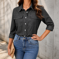 Chemise en jean gris anthracite vintage pour femme, chemisier en jean à manches longues de haute qualité avec poches, denim en coton lavé élégant