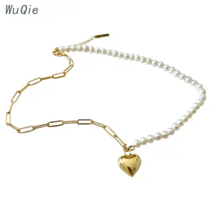 Wuqie Chic Splicing Chain 18K Gold Plated Silver Paper Clips Chain and Pearls Love Heart Fashion Necklaces for Women