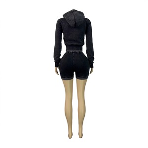 PEEQI HR26081 Completo Sportivo da Donna alla Moda Primaverile, Felpa con Cappuccio e Zip Effetto Lavato, Pantaloncini, Set Due Pezzi, Nuova <span class=keywords><strong>Tuta</strong></span> da Ginnastica - Product Image 5