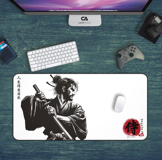 Japanese Samurai Desk Mat, Ronin Warrior Mousepad, Gaming Desk Mat, Ink Wash Katana Art, XL Anime Desk Pad, White Grey Brown