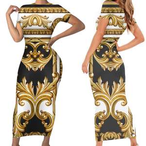 Fashion Golden Floral Ladies Wears <strong>Dresses</strong> Casual Elegant Women European And American Flower Printed Short Sleeve Bodycon <strong>Dress</strong> - Product Image 4