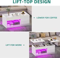 Table basse moderne grande et convertible, style nordique, en panneaux de bois blancs, avec éclairage LED, plateau relevable et rangement dissimulé pour salon