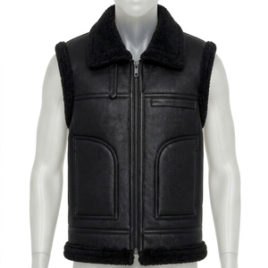 <b>Men's</b> <b>Black</b> Leather Sherpa Lined <b>Vest</b> Zip fur turn down caller Waistcoat Windproof - Product Image 1