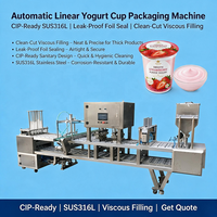 Machine d'emballage automatique linéaire pour pots de yaourt avec scellage en feuille anti-fuite, remplissage précis des produits visqueux et conformité CIP en SUS316L