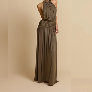 Halter O cou sans manches femmes élégante jupe minceur coupe Maxi longue robe - Product Image 3