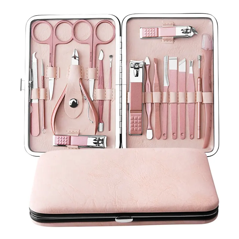 Manicure Set Nail Clippers Kit 18 in 1 Grooming Kit Stainless Steel Pedicure Set Pink Painting Pink Leather Case,Eyebrow Razor