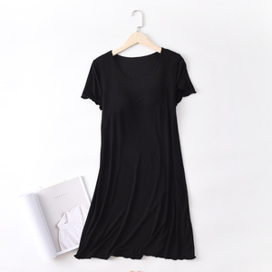 Baju tidur wanita, baju tidur wanita lembut Modal gaun tidur musim panas lengan pendek nyaman <span class=keywords><strong>Midi</strong></span> <span class=keywords><strong>pakaian</strong></span> tidur dengan rak bawaan Bra grosir Logo kustom - Product Image 2