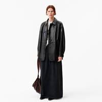 Abrigo Mac de Piel de Oveja Semilicuada Negra Encerada para Mujer, Casual de Invierno, Cortavientos, Teñido Liso, con Botones Cubiertos de Poliéster