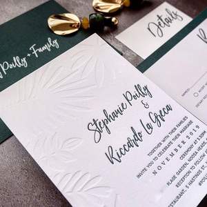 Invitations de <span class=keywords><strong>mariage</strong></span> modernes en papier coton avec feuille d'or <span class=keywords><strong>rose</strong></span> personnalisée et impression en relief sur feuille de palmier - Product Image 4