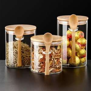Round Glass Sealed Jar with Spoon Storing <b>Kitchen</b> Grains <b>Storage</b> Jar Transparent Tea <b>Storage</b> <b>Container</b> - Product Image 2