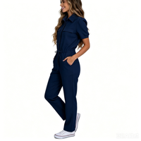 Combinaison médicale à revers avec cordon de serrage à la taille, en coton et élasthanne, à manches courtes, pour clinique esthétique, uniforme d'infirmière, logo personnalisé