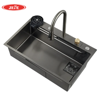 Évier de cuisine multifonctionnel en acier inoxydable noir à cuve unique, style cascade, avec robinet cascade et fonction pluie volante