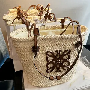 Large Size Handwoven Traditional Morocco Basket Bag Straw Raffia Palm Tree Leather Woman Clutch Shoulder Bag For Women Handbag