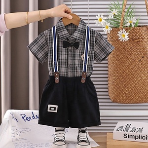 Conjunto de Dos Piezas para Niños, Camisa <span class=keywords><strong>a</strong></span> Cuadros de Manga Corta y Pantalones Cortos con Tirantes, Estilo Casual de Verano - Product Image 4