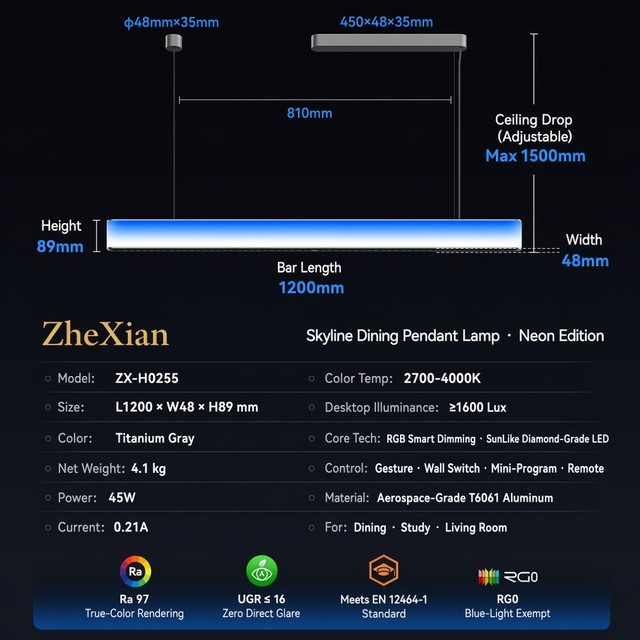 1200mm Linear LED Pendant Light Smart RGB Color Changing Dimmable Hanging Lamp for Dining Table Living Room Restaurant