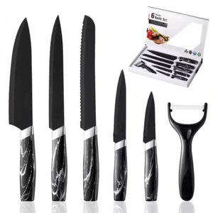 Ensemble de couteaux couperet en acier inoxydable antiadhésifs de six pièces fini en marbre noir Chef <span class=keywords><strong>boucher</strong></span> approuvé pour <span class=keywords><strong>la</strong></span> cuisine - Product Image 1