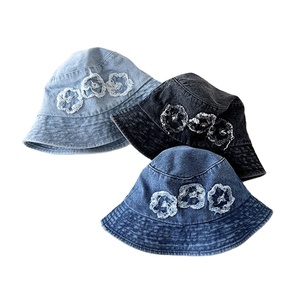Sombrero de <span class=keywords><strong>Pescador</strong></span> para Niñas, Estilo Coreano, con Flores de Mezclilla, 100% Algodón, Transpirable, Protección Solar - Product Image 1
