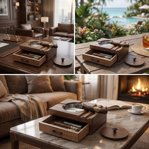 Vietnam Wooden Cigar Ashtray Wooden <b>Box</b> Windproof Lid Stainless Steel <b>Removable</b> Bowl Cigar Holder and Drawer Organizer - Product Image 6