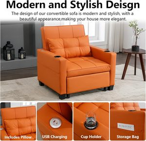 Moderno PU cuero naranja pequeño <span class=keywords><strong>plegable</strong></span> extraíble reclinable sala de estar sofá para dormir sofás sillón camas con otomana ajustable - Product Image 6