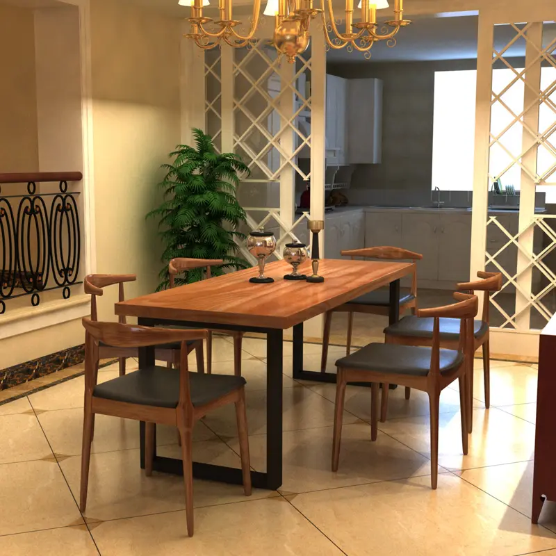 Table de salle à manger rustique, 6 places, en bois, avec pied en acier inoxydable, fournitures d'usine professionnelles de la chine, livraison gratuite