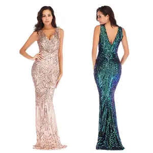 YQY21856 New Arrivals Sexy Deep V-neck Colorful Sequin Evening Dresses Floor Length Ball Gown Wedding Dress Women Party Dress