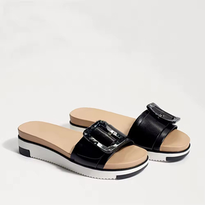 Venta al por mayor personalizado negro Pu <span class=keywords><strong>suela</strong></span> gruesa punta redonda elegante cómodo zapatillas <span class=keywords><strong>Sandalias</strong></span> planas - Product Image 2