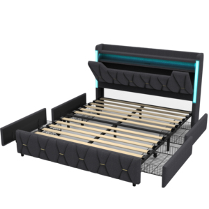 <span class=keywords><strong>Letto</strong></span> con Struttura LED, 4 Cassetti e Testiera con Vano Contenitore, 1 Stazione di Ricarica Type-C/2 USB, Doghe in Legno, Tessuto in Lino, Grigio - Product Image 6