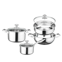 Ensemble de 7 casseroles en acier inoxydable inductives avec cuiseur vapeur et couvercles en verre trempé