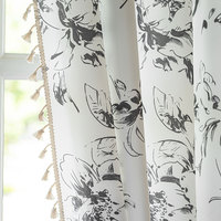 Voilages à imprimé floral noir et blanc style pastoral avec franges, filtrant la lumière, pour chambre et salon