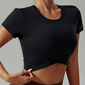 <span class=keywords><strong>T</strong></span>-<span class=keywords><strong>shirt</strong></span> de fitness pour <span class=keywords><strong>femme</strong></span> avec logo personnalisé, crop top sexy à ourlet croisé, respirant, à manches courtes, pour yoga, pilates, course à pied et entraînement en salle de sport - Product Image 6