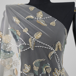 고품질 스팽글 폴리에스터 메쉬 원단 비즈 자수 럭셔리 크리스탈 비즈 원단 - Product Image 5