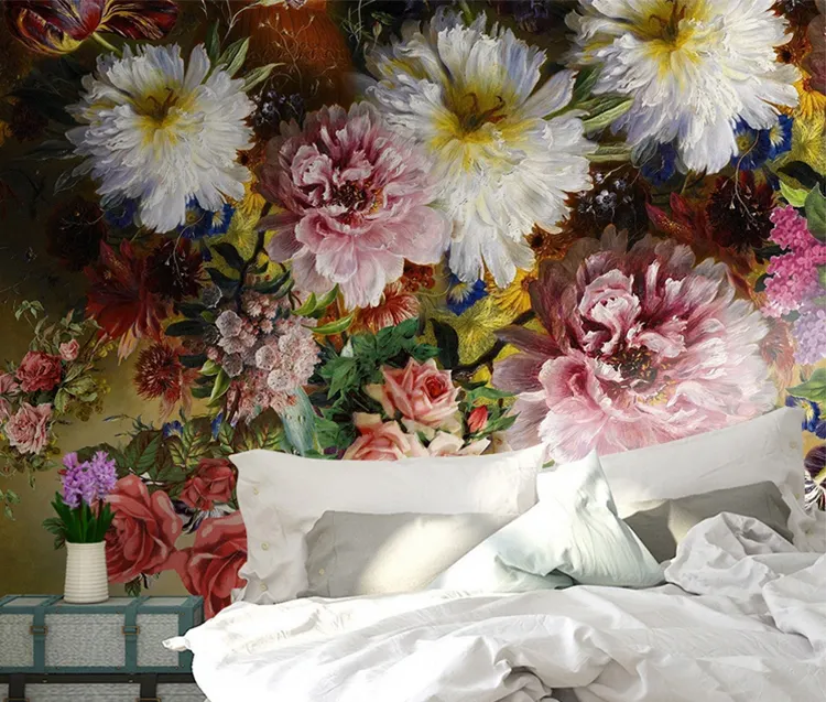レトロなノスタルジックな壁紙不織布手描き壁壁画バラの花4d寝室の壁紙