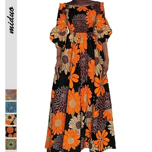 여름 플러스 사이즈 아프리카 스타일 여성 꽃 드레스 디지털 인쇄 높은 허리 바닥 길이 긴 캐주얼 맥시 원피스 숙녀