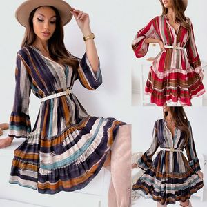 Abiti da donna alla moda <span class=keywords><strong>con</strong></span> colletto verticale stampato a righe abito <span class=keywords><strong>camicia</strong></span> a maniche lunghe <span class=keywords><strong>con</strong></span> maniche a corno <span class=keywords><strong>cintura</strong></span> <span class=keywords><strong>con</strong></span> volant a cascata - Product Image 4