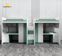 Lit superposé double moderne en métal avec design color block, armoire, table, rangement et échelle pour dortoir scolaire