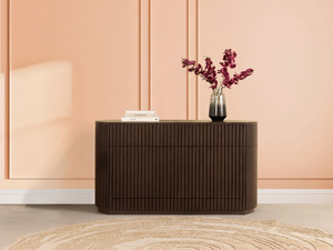 Buffet au design incurvé et doté de panneaux coulissants verticaux sans joint, offrant un rangement dissimulé pour vos essentiels de salle à manger - Product Image 2
