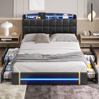 Lit Double Fabrication en Gros avec 4 Tiroirs de Rangement Tête de Lit à Rangement Caché et Prise Éclairage LED Tête et Pied de Lit