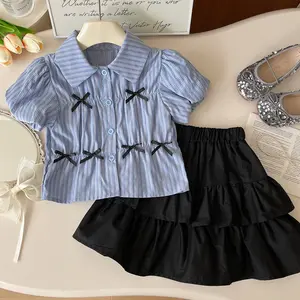 2024 2 Pieces Girl Outfit Set Blue Striped Puff Short Sleeved Blouse +Black Ruffle Layered Skirt Garment Set