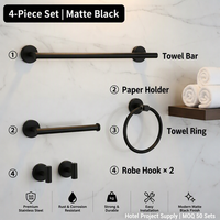Ensemble d'accessoires de salle de bain mural en acier inoxydable noir mat 4 pièces : porte-serviettes, porte-papier, anneau porte-serviettes et patère pour peignoir