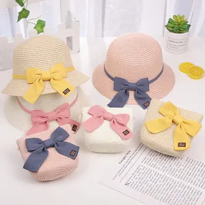 成人儿童夏季宽边软盘沙滩遮阳帽带蝴蝶结婴儿草帽和包女生日礼物