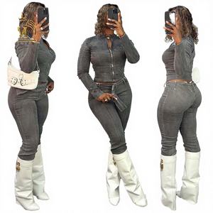 Ensemble 2 pièces en jean pour femme, style vintage, respirant, coupe classique, imprimé plissé, couleur personnalisée - Product Image 4