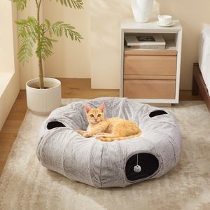 Cama Túnel para Gatos de Felpa Gris, Refugio Redondo Interactivo para Gatos con Almohada Extraíble, Túnel de Juego Plegable para Gatos de Combinación Libre - Product Image 4