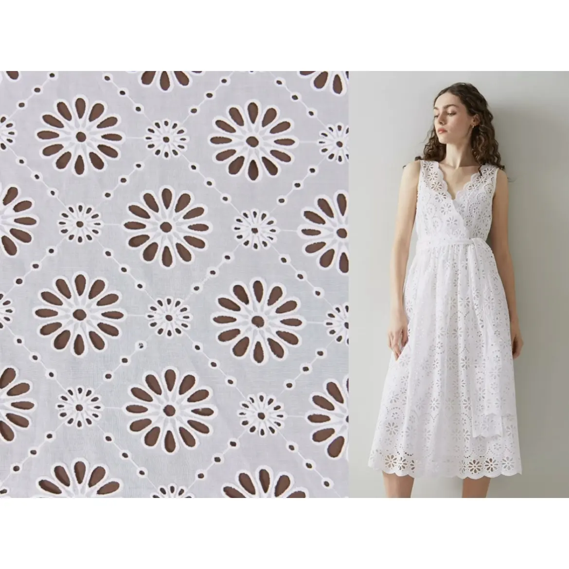 2023 desain baru grosir terlaris Floral Eyelet tekstil kain renda berongga 100% katun bordir renda kain untuk gaun