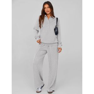 Women 2 Piece Sweatsuit Long Sleeve Quarter Button Sweatshirt Wide Leg Pants Tracksuit <b>Lounge</b> Set Casual Breathable Gray - Product Image 4