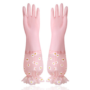 Women's Dishwashing Gloves Thickened <b>Rubber</b> Latex Waterproof With Fleece Lining For Housework Flower Pattern 10 Inch - Product Image 5