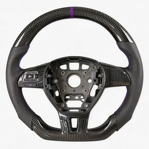 Volant en fibre de carbone pour VW Golf 7/8 / Passat / Golf R, cuir perforé, sport, fond plat, 3 branches, bande violette - Product Image 2