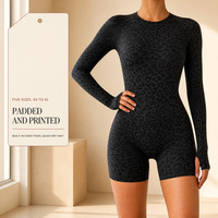 Combinaison de yoga une pièce à imprimé léopard, manches longues, dos ouvert, rembourrée, en nylon et élasthanne, tailles XS-XL, pour la gym, avec LOGO