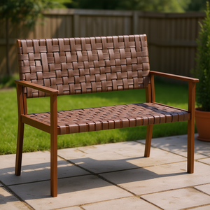 Panca da Esterno Marrone per Patio, Struttura in Legno Massello di Gomma, Intrecciata a Mano in Pelle PU, 2 Posti, Design Contemporaneo - Product Image 2