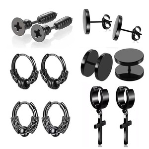 Cross Earrings <b>Set</b> 12 <b>Pc</b> Black Zinc Alloy Stud Hoop Screw Earrings Men's Fashion Jewelry - Product Image 1